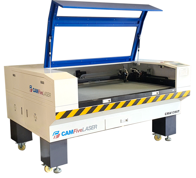 Láser CO2 CAMFive 1390T con área de trabajo de 130x90 cm, ideal para corte y grabado de acrílico, madera, MDF, cuero y otros materiales no metálicos.
