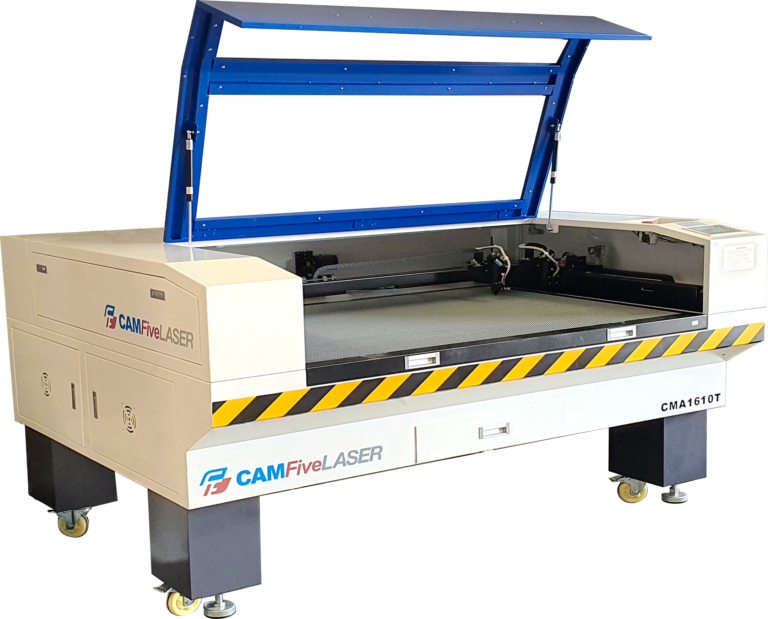 Máquina láser CO2 CAMFive modelo 1610T con área de trabajo de 160x100 cm, ideal para cortar y grabar acrílico, madera, MDF, tela y cuero.