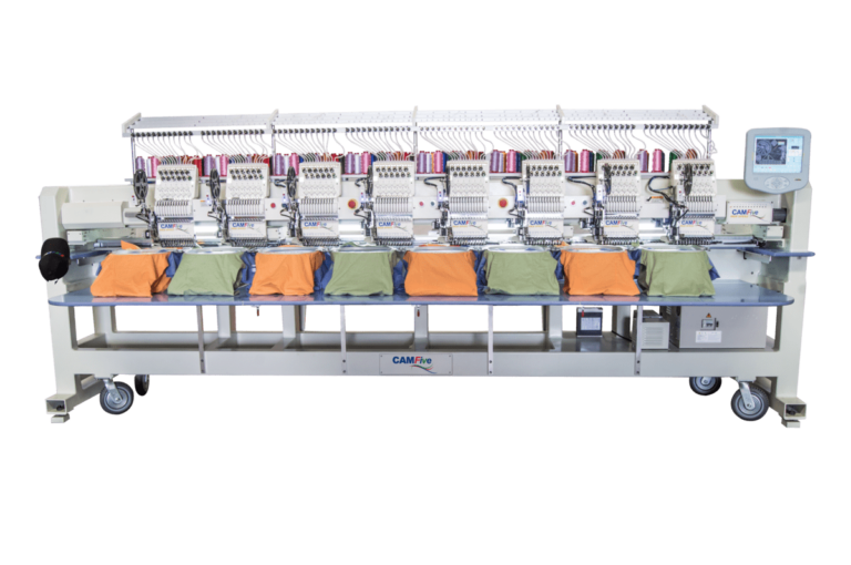 Bordadora tubular CAMFive con accesorio de lentejuela, perfecta para bordado decorativo en prendas como gorras, camisetas y sudaderas.