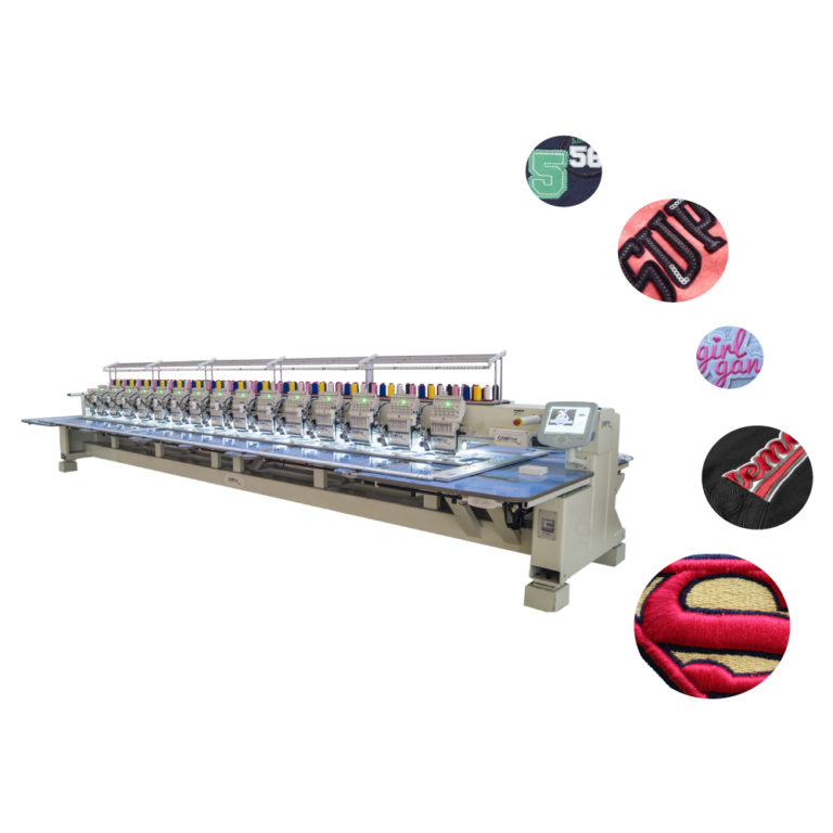 Bordadora plana CAMFive realizando bordado sobre tela, ideal para producción textil profesional y personalizada.
