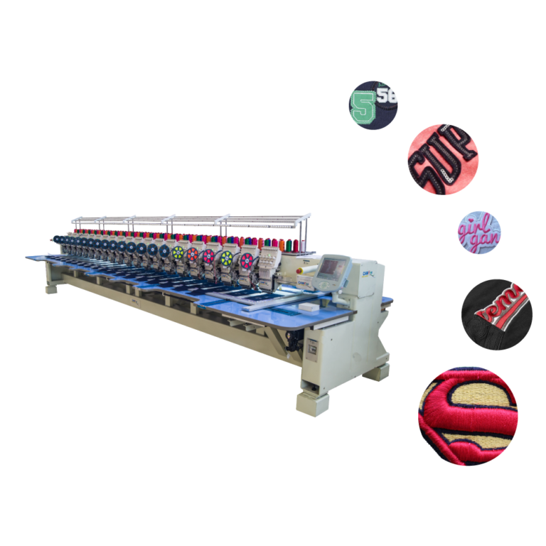 Bordadora plana CAMFive con pantalla táctil visible, ideal para bordado industrial de alta precisión.