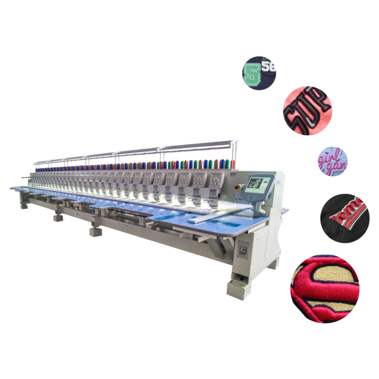 Bordadora plana CAMFive con pantalla táctil visible, ideal para bordado industrial de alta precisión.