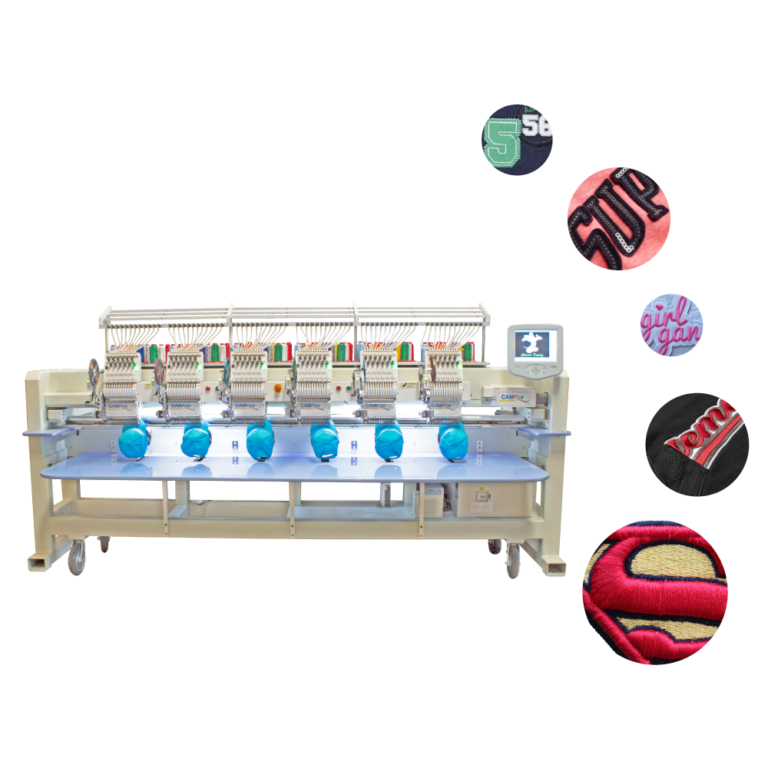 Bordadora CAMFive de 6 cabezas trabajando sobre tela, ideal para producción textil de alto volumen y bordado personalizado.