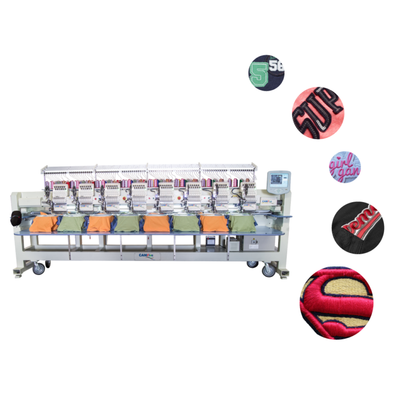 Bordadora CAMFive de 8 cabezas trabajando sobre tela, ideal para bordado industrial y producción en serie.