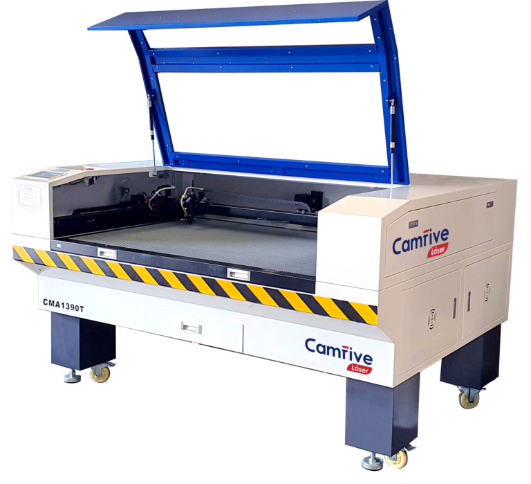 Láser CO2 CAMFive 1390T con área de trabajo de 130x90 cm, ideal para corte y grabado de acrílico, madera, MDF, cuero y otros materiales no metálicos.