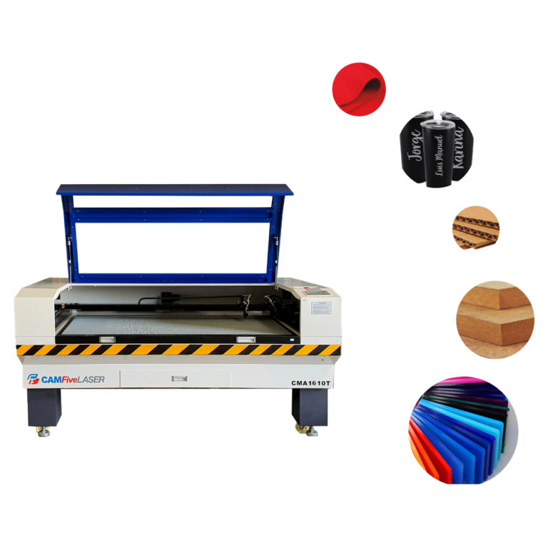 Máquina láser CO2 CAMFive modelo 1610T con área de trabajo de 160x100 cm, ideal para cortar y grabar acrílico, madera, MDF, tela y cuero.