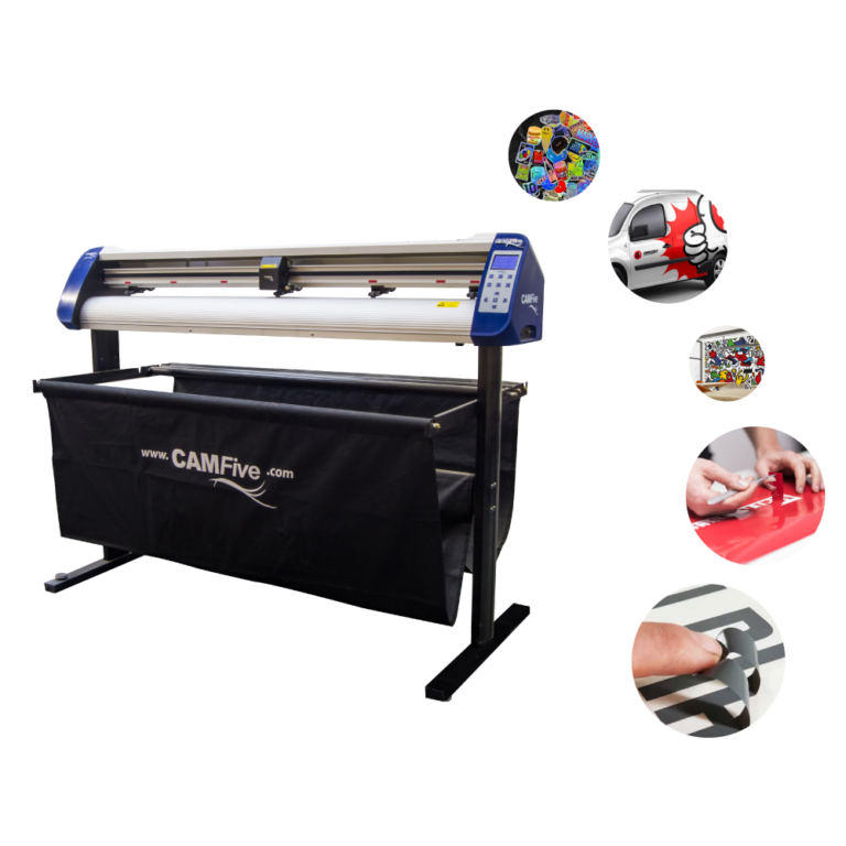 Plotter de corte CAMFive diseñado para cortar vinil, vinil textil, papel adhesivo y otros materiales flexibles con precisión profesional.