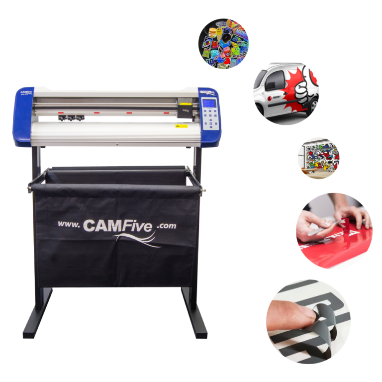 Plotter de corte CAMFive diseñado para cortar vinil, vinil textil, papel adhesivo y otros materiales flexibles con precisión profesional.