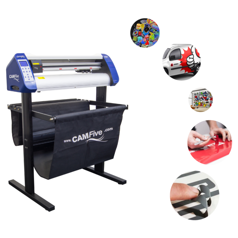 Plotter de corte CAMFive diseñado para cortar vinil, vinil textil, papel adhesivo y otros materiales flexibles con precisión profesional.