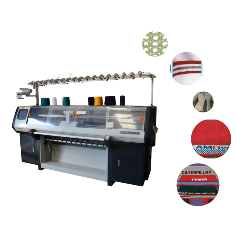 Tejedora CAMFive de 2 sistemas realizando tejido automatizado de prendas como suéteres y bufandas.